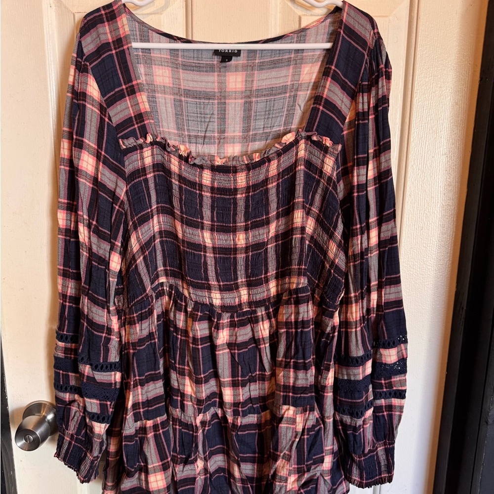 Torrid Plaid Blouse - Pink and Navy